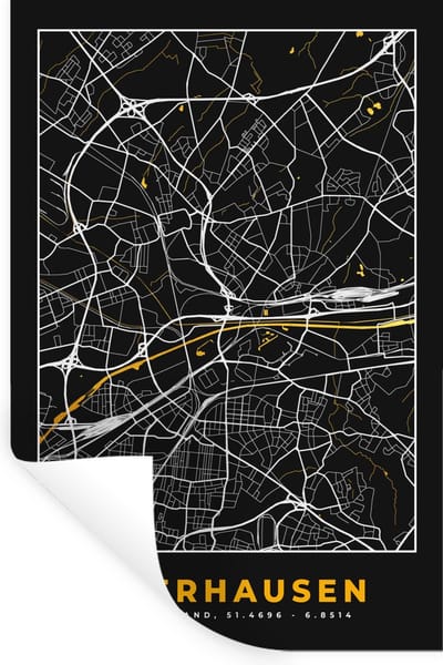Muurstickers - Sticker Folie - Black and Gold – Stadskaart – Oberhausen – Duitsland – Plattegrond – Kaart - 20x30 cm - Plakfolie - Muurstickers Kinderkamer - Zelfklevend Behang - Zelfklevend behangpapier - Stickerfolie