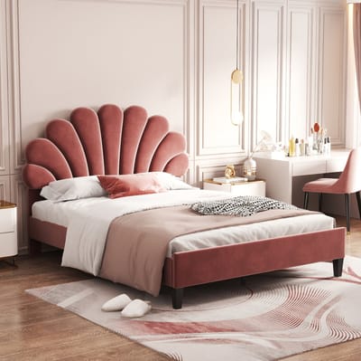 MEUNIQ gestoffeerd tweepersoons bed 140 x 200 cm met bloemvormig hoofdbord, lattenbodem en verstelbaar hoofdbord voor slaapkamer, rozerood