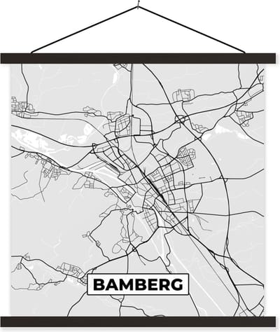 Posterhanger incl. Poster 60x60 cm - Schoolplaat - Plattegrond - Duitsland - Bamberg - Stadskaart - Kaart - Textielposter - Zwarte latten - Stadskaart