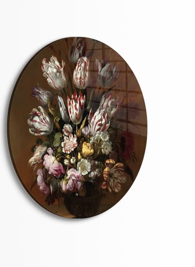 Indoorart - Muurcirkel Stilleven met bloemen Plexiglas 30 cm - Wanddecoratie - Afbeelding op Plexiglas - Inclusief ophangplaat