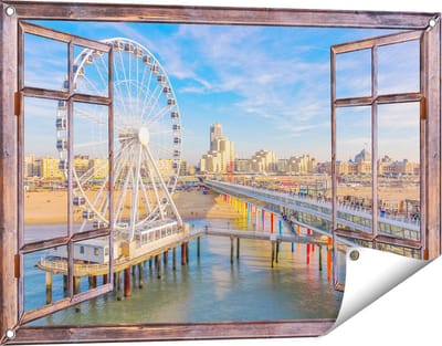 Gards Tuinposter Doorkijk Scheveningen Pier met de Ferris Wheel - Reuzenrad - 90x60 cm - Tuindoek - Tuindecoratie - Wanddecoratie buiten - Tuinschilderij