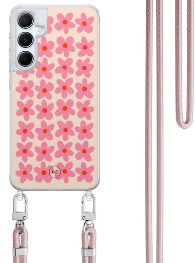 Hoesje met koord geschikt voor Samsung Galaxy A55 - Retro blooms - Inclusief Rosegoud koord - Crossbody beschermhoes - Transparant, Roze - Mooie Telefoonhoesjes