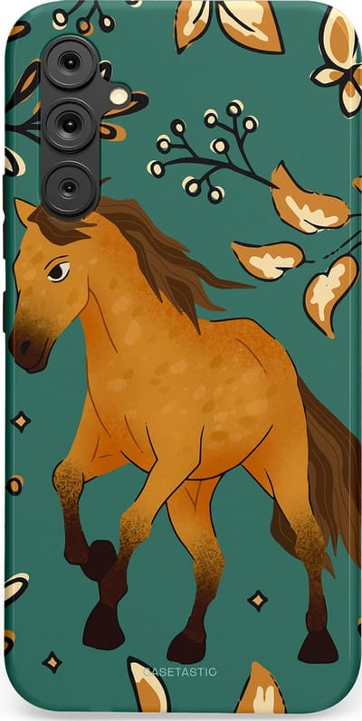 Casetastic Hoesje Geschikt voor Samsung A34 (5G) - Stijlvolle Beschermende Duo-layer Case - Groene bruine Paarden elegantie - Paris