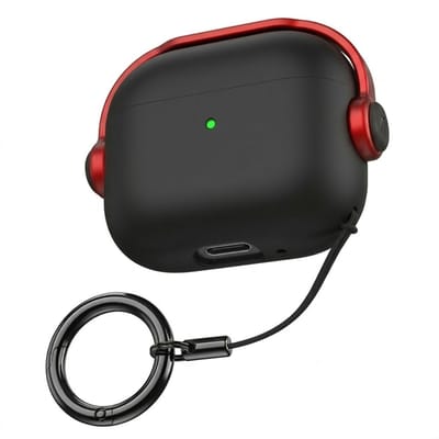 Zwart met rood hoesje voor oordopjes heren dames met sleutelring en koord geschikt voor AirPods 4 minimalistisch hardcase beschermhoes