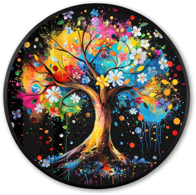 Poster in lijst Rond - Fotolijst 60x60 cm - Posters - Boom - Kleurrijk - Bloemen - Zwart - Ronde posterlijst zwart - Decoratie - Wanddecoratie woonkamer - Muurdecoratie slaapkamer