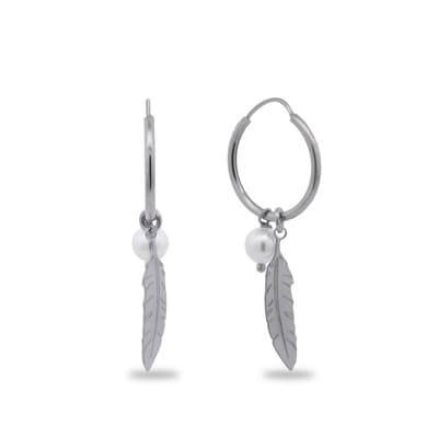 New Bling 9NB-1351 Zilveren Oorringen met Hangertjes - Oorbellen - Parel 6mm - Veer - 20x5mm - Oorringen 19x1,7mm - Cadeau - Rhodium - Zilver