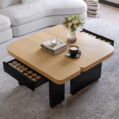 Pugsdrly Moderne salontafel met LED-design in milieuvriendelijk hout, 2-in-1 ontwerp, keuze uit verschillende combinaties, natuurlijke houtkleur, 2 lades, zachte rondingen, in hoogte verstelbare poten.