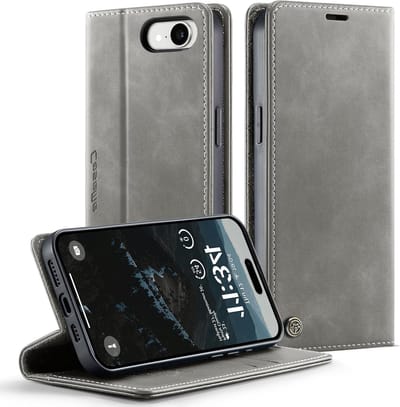Premium PU Leren Flip Case voor iPhone 16E met RFID Bescherming, Vouwstand en Kaartcompartiment - Grijs