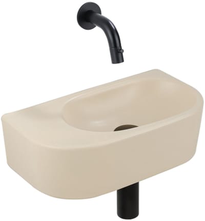 QeramiQ Fuente Fonteinset - 40x21.5x12cm - glad - halfrond - zonder kraangat - keramiek - fonteinkraan zwart mat - afvoerplug - verlaagd sifon - beige