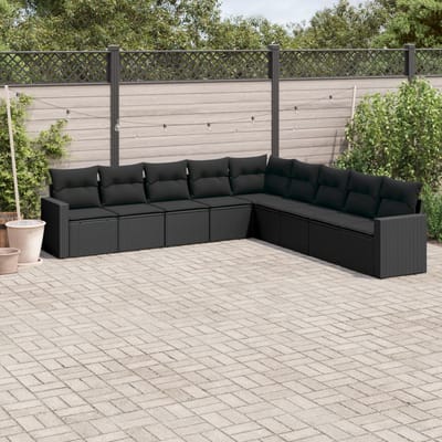 vidaXL - 9-delige - Loungeset - met - kussens - poly - rattan - zwart