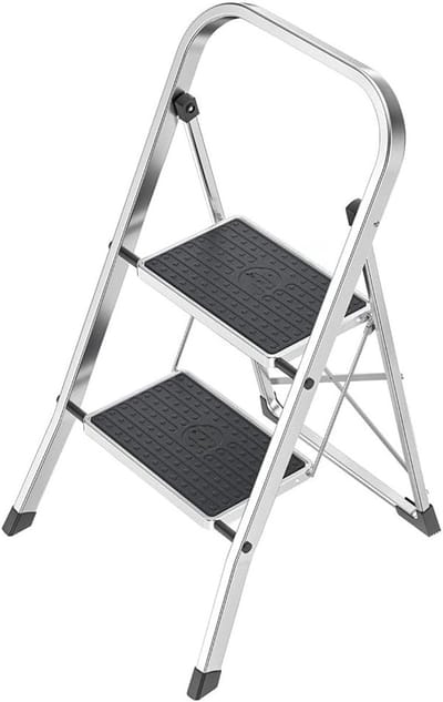 Famanu - Aluminium opstapladder met 2 antislip treden en klapbeveiliging, lichtgewicht en makkelijk op te bergen