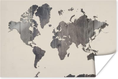Poster 30x20 cm - Wereldkaart - Hout - Grijs - Posters - Kamer decoratie - Wanddecoratie woonkamer - Muurdecoratie slaapkamer