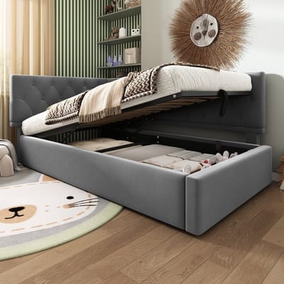 MODFU Bedframe 90x200 cm van fluweel, grijs, met hydraulische opbergruimte en hoofdbord