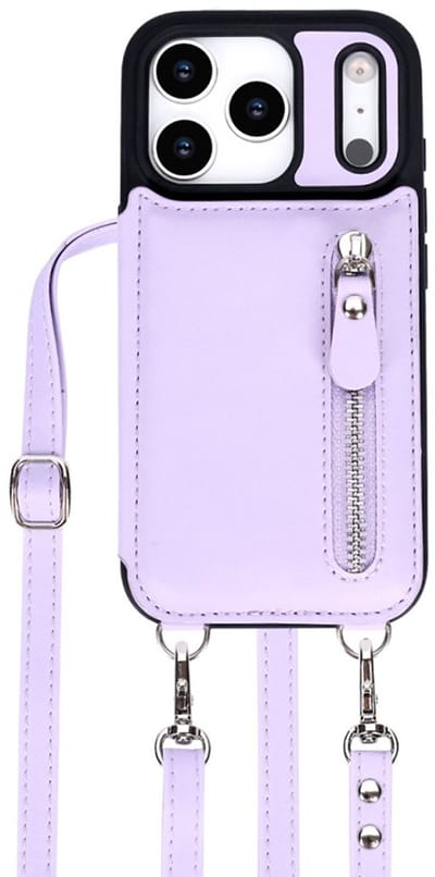 CaseBoutique Backcase hoesje geschikt voor iPhone 17 Pro - Effen Lila - Kunstleer - Crossbody Hoesje Koord - Pasjeshouder voor 3 passen - Ritsvakje
