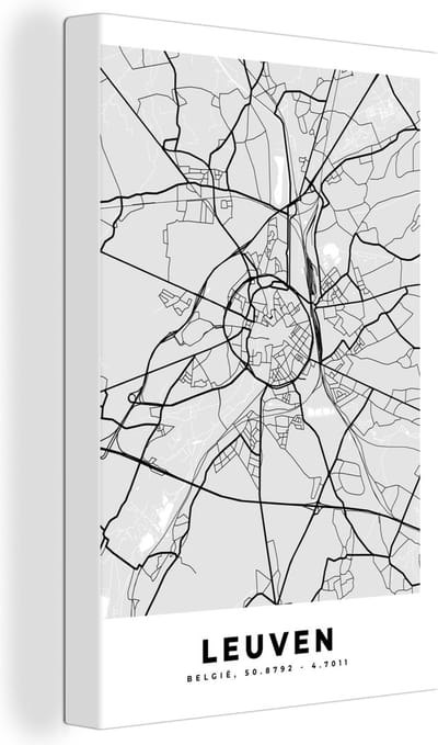 Canvas Schilderij Zwart Wit – België – Plattegrond – Stadskaart – Kaart – Leuven - 20x30 cm - Wanddecoratie