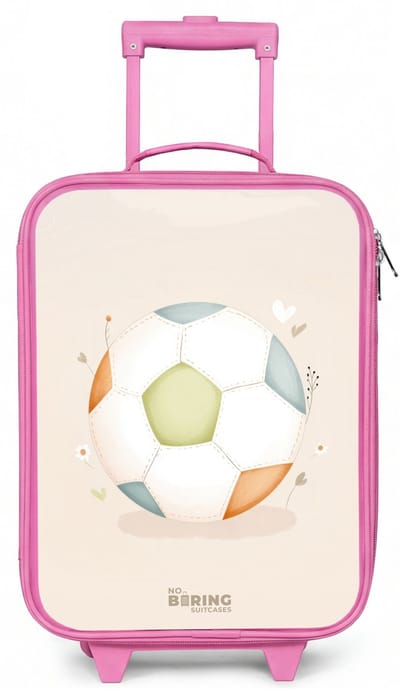 NoBoringSuitcases.com® - Kinderkoffer roze - Kindertrolley meisje - Voetbal in beige pastel kleuren - Koffer kind lichtgewicht - Reiskoffer trolley voor kinderen - Koffertje met lichtgevende wieltjes - Rolkoffer
