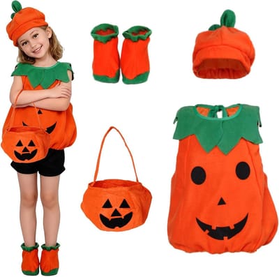 Halloween Pompoen Kostuum voor Kleine Kinderen met Blad Hoed en Snoepzak - Comfortabele Verkleedkleding voor Carnaval en Feestjes voor Kinderen van 3-10 Jaar