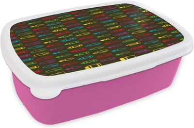 Broodtrommel Roze - Lunchbox - Brooddoos - Potloden - Patronen - Stift - Regenboog - 18x12x6 cm - Kinderen - Meisje