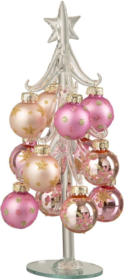 J-Line decoratie kerstboom + Ballen - glas - roze/transparant - small