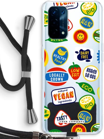 Case Company® - Hoesje met koord geschikt voor Oppo A74 5G hoesje met Koord - Fruitsticker - Telefoonhoesje met Zwart Koord - Bescherming aan alle Kanten en Over de Schermrand