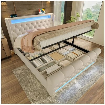 Merax Gestoffeerd opbergbed - 160 x 200 cm - met LED's - opberghoofdeinde en USB - fluweel - beige