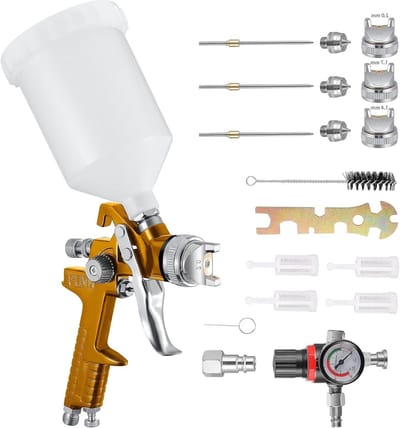 Hoge druk spuitpistool voor kleine meubels en auto’s met luchtdrukregelaar en 600cc verfreservoir, 1.4/1.7/2.0mm spuitmondjes