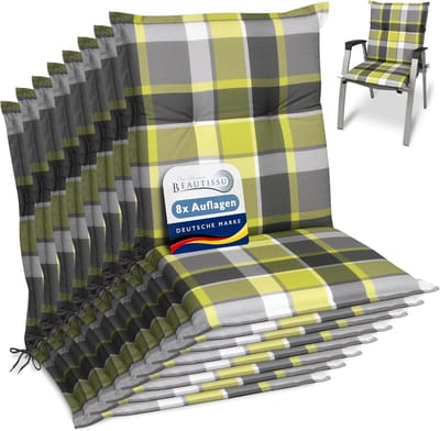 Beautissu Sunny GR – Set van 8 Tuinkussens Lage Rug 100x50 cm met UV-lichtechtheid Comfortabele Tuinstoel Zitkussen Groen geruit
