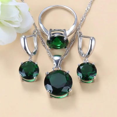 Groothandelsprijs   Ronde Klassieke Trouwring Bruids Sieradensets Zirconia Ketting en Oorbellen Bruids Kostuum Cadeau voor Vrouwen 7 gray