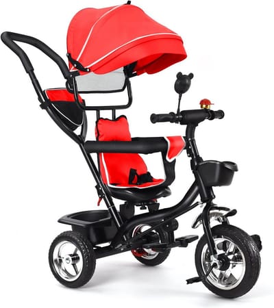 4-in-1 Loopfiets voor Baby en Peuter met Duwstang en Veiligheidsgordel Rood