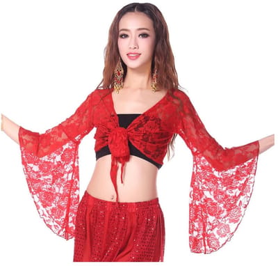 Dailygoods- Crop Top Dames - Wikkeltop met Knoopband - 3/4 Uitlopende Mouwen - Ademend Jacquard Kant - Perfect voor Buikdans en Yoga - Dans Top