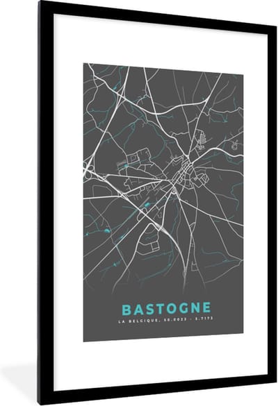 Fotolijst incl. Poster - Kaart – Plattegrond – Stadskaart – Bastogne – België - Grijs - 80x120 cm - Posterlijst