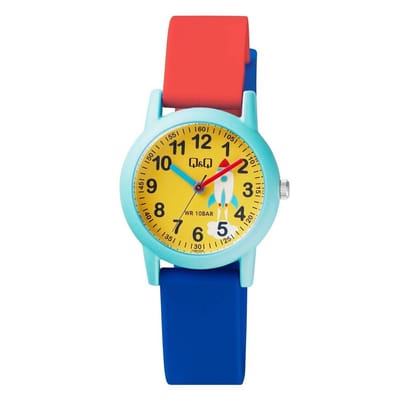 Q&Q VS49J009Y - Horloge - Analoog - Kinderen - Unisex - Plastic band - Rond - Cijfers - Raket - Kunststof - Sport - Donkerblauw - Rood - Groen - Geel - 10 ATM