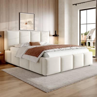 MODFU Tweepersoonsbed - Gestoffeerd Hoofdbord En Ingelegde Matrasligging - Minimalistisch - Chenille - Beige - 180 x 200 cm