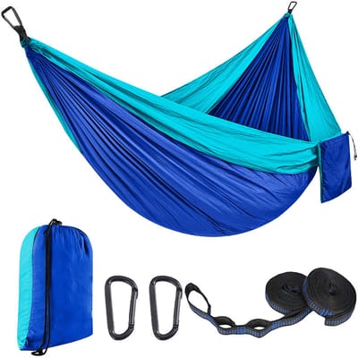 Dubbele hangmat - 300 x 200 cm Opvouwbare hangmat - Draagvermogen 300 kg - Ultralicht en draagbaar - Buitenhangmat - Geschikt voor kamperen - Tuin - Reizen - Balkon - XXL-formaat - Blauw