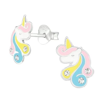 Aramat Jewels | Oorbellen | Unieke Zilveren Unicorn Oorbellen - Pastel & Kristal | | | |8mm | Zilver | Kinderen | Verkleurd niet
