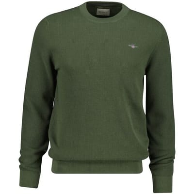 Gant Trui Solid Color Micro Textured Cotton Crew Neck Dry Herb Green / male