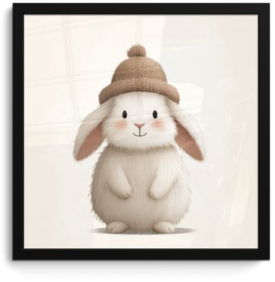 Poster in lijst - Fotolijst 40x40 cm - Posters - Konijn - Muts - Oren - Beige - Posterlijst zwart - Decoratie - Wanddecoratie woonkamer - Muurdecoratie slaapkamer