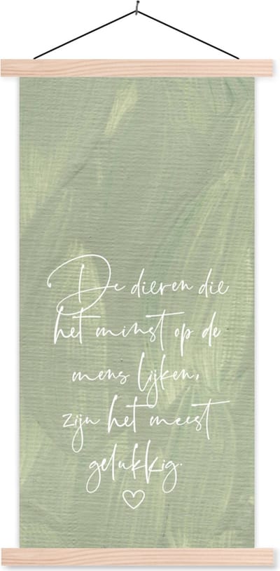 Posterhanger incl. Poster 60x120 cm - Schoolplaat - Quotes - Dieren die het minst op de mens lijken - Spreuken - Dier - Textielposter - Blanke latten