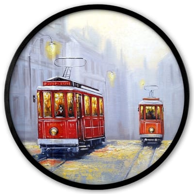 Poster in lijst Rond - Fotolijst 40x40 cm - Posters - Schilderij - Tram - Stad - Olieverf - Ronde posterlijst zwart - Decoratie - Wanddecoratie woonkamer - Muurdecoratie slaapkamer
