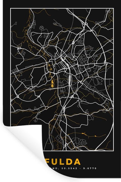 Muurstickers - Sticker Folie - Fulda – Stadskaart – Gold – Plattegrond – Stadskaart – Kaart - Duitsland - 20x30 cm - Plakfolie - Muurstickers Kinderkamer - Zelfklevend Behang - Zelfklevend behangpapier - Stickerfolie