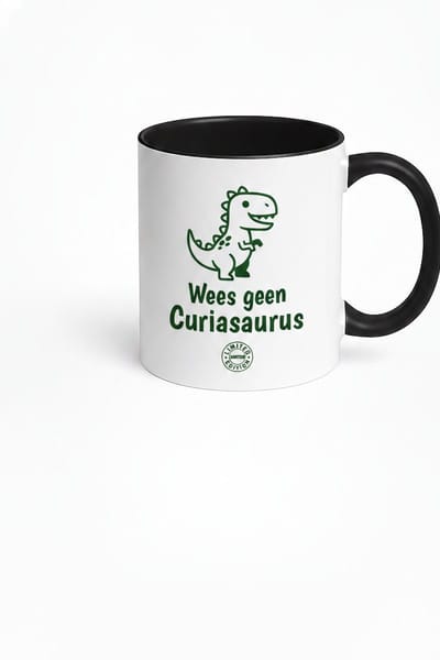 Grappige Mok Dinosaurus 'Wees Geen Curiasaurus' – Cadeau Collega – Wit met Zwart – Keramiek 330 ml