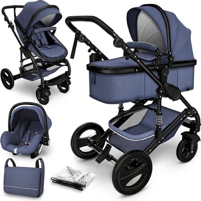 Kinderwagen 3 in 1 - met luiertas - Blauw/Zwart