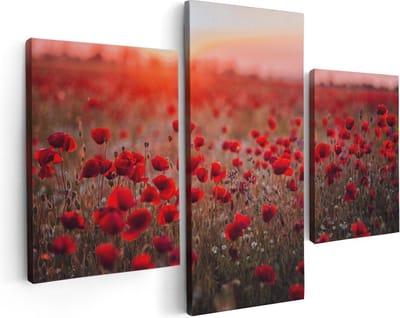 Artaza Canvas Schilderij Drieluik Rode Klaprozen Bloemenveld Zonsondergang - 90x60 - Foto Op Canvas - Canvas Print