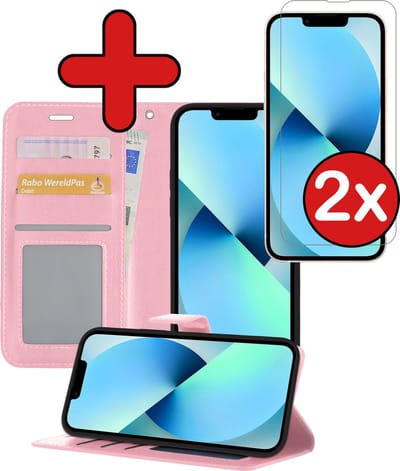 Hoesje - Met 2x Screenprotector - Geschikt voor Apple iPhone 14 - Luxe Pasjeshouder - Flip Case - Bookcase Portemonee - Kunstleer Book Case - Flipcase Hoes - Book Cover - Walletcase - Portemonneehoes - Telefoonhoes - Lichtroze