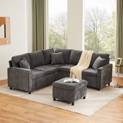 Wishdor - Hoekbank Met Slaapfunctie En Opberghocker - Multifunctioneel - Voor Woonkamer - Chenille - Grijs - 205 X 205 X 85 Cm