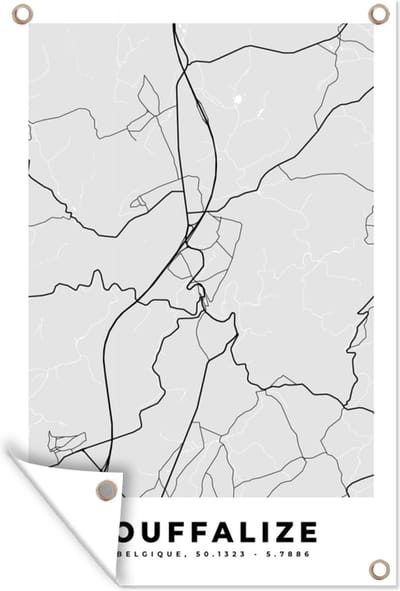 Muurdecoratie Zwart Wit – België – Plattegrond – Stadskaart – Kaart – Houffalize - 120x180 cm - Tuinposter - Tuindoek