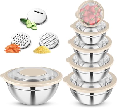 Mixkommen set van 6 stuks, roestvrijstalen kommen met deksel en 3 raspaccessoires, ideaal voor koken, bakken en serveren, stapelbaar en vaatwasserbestendig