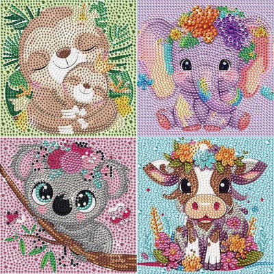 Set van 4 Diamant Schilderijen, 5D DIY Kit, Volledig Geborduurde Dieren, Schilderen op Nummer, Wanddecoratie voor Dierenliefhebbers