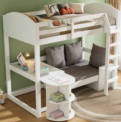 DESMIU Hoogslaper 90x200 cm - Multifunctioneel Kinderbed met Uittrekbaar Bureau - Opbergsofa met Legplanken - Kinderkamer - Massief Hout - Wit - Zonder matras