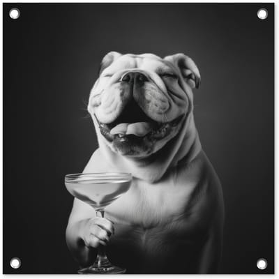 Tuinposter 50x50 cm - Tuindecoratie Buldog - Hond - Glas - Poster voor in de tuin - Buiten decoratie - Schutting tuinschilderij - Tuindoek muurdecoratie - Wanddecoratie balkondoek